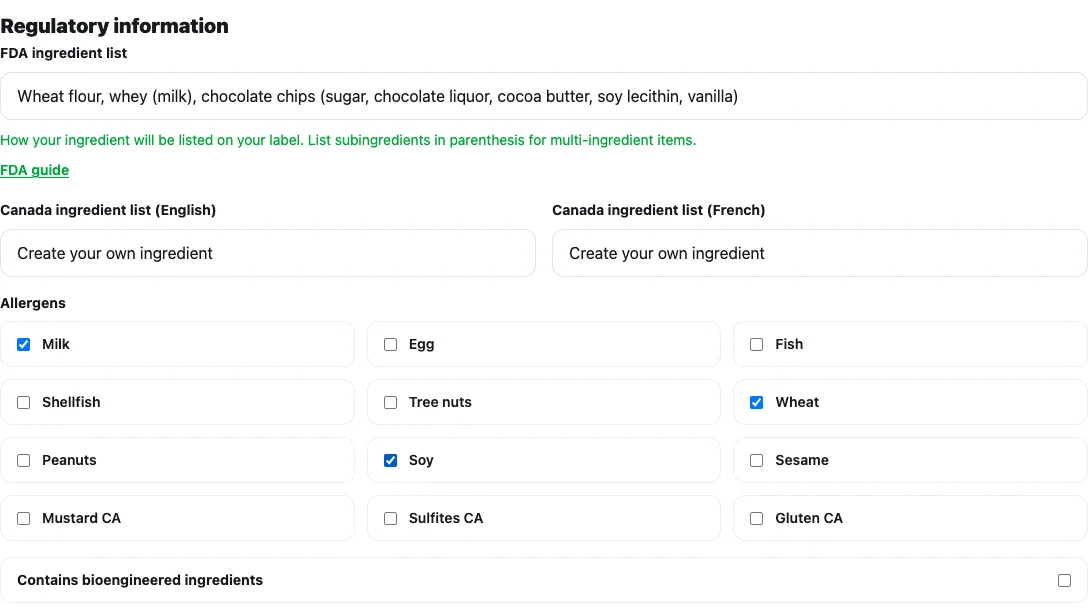 Actual New ingredient workspace view showing an FDA ingredient list with wheat, milk, and soy sources plus selected Milk, Wheat, and Soy review controls.