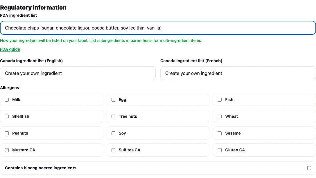 Actual New ingredient workspace view showing the FDA ingredient list field, compound-ingredient details, and allergen review options.