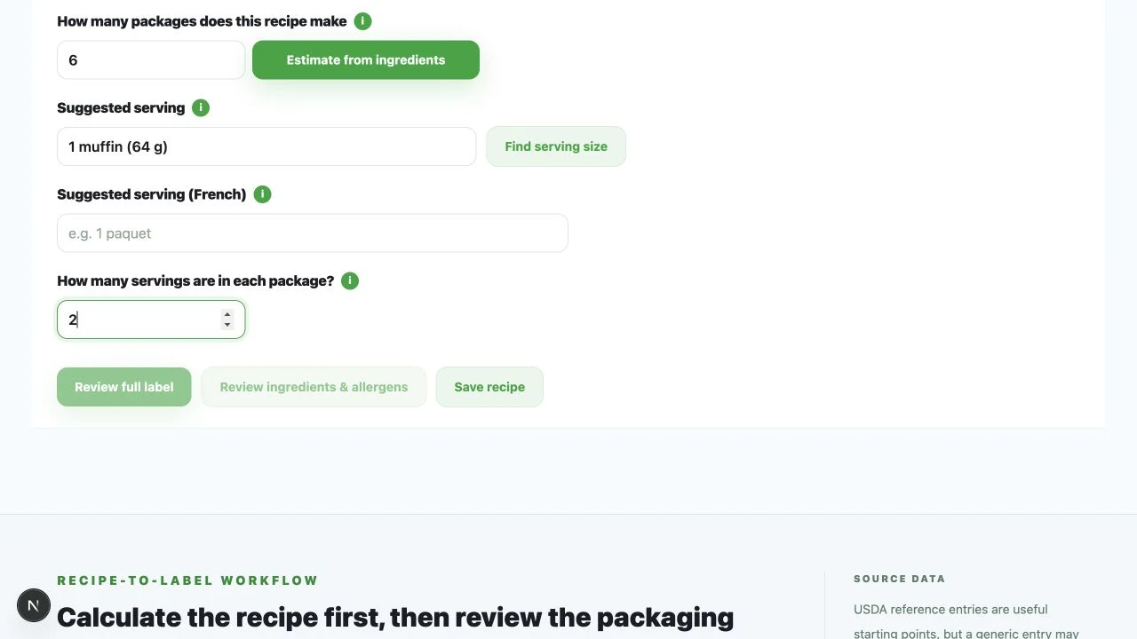 Recipe Nutrition Calculator packaging details showing package count, serving label, and servings per package for a muffin product.