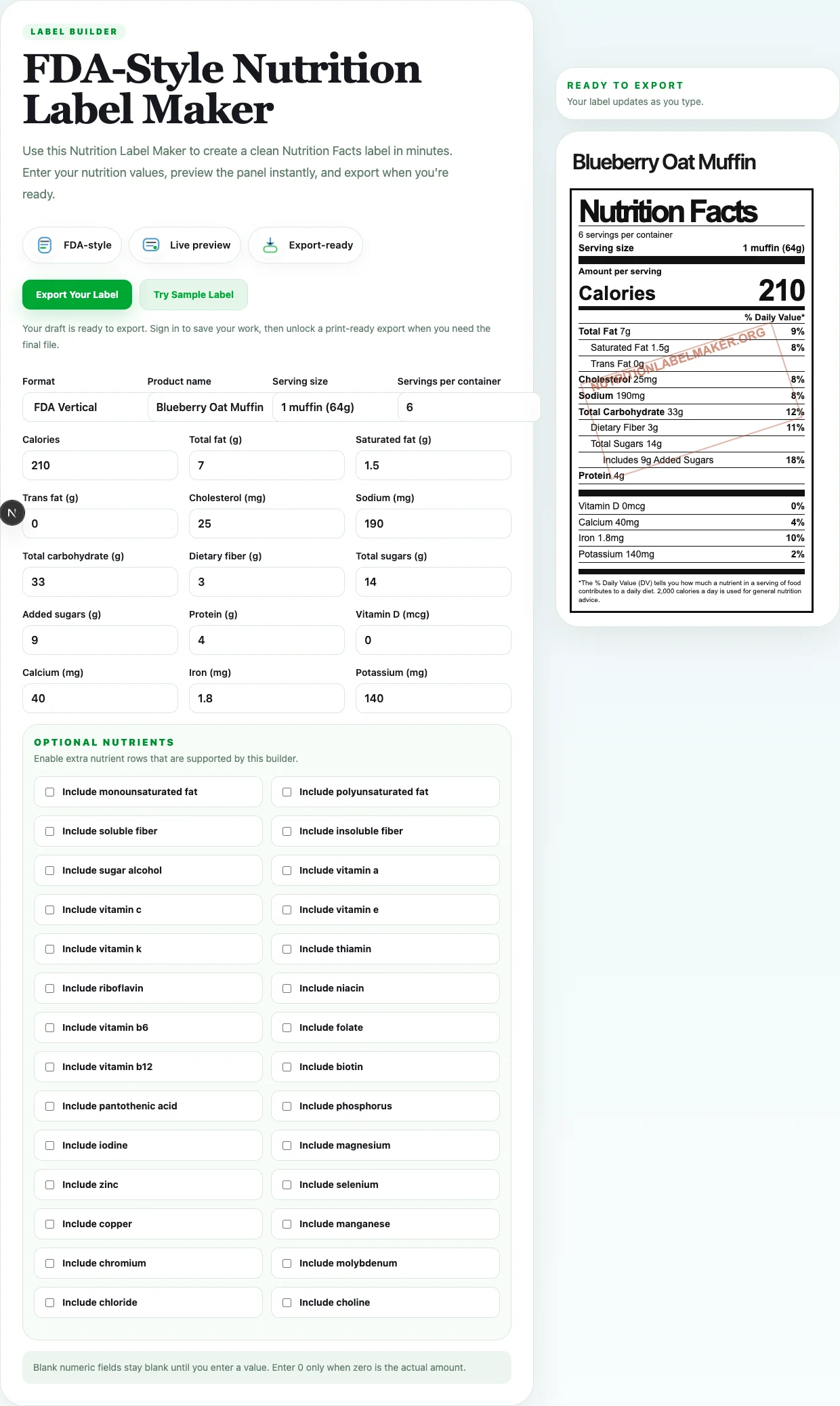 Actual FDA-Style Nutrition Label Maker screen showing sample recipe data and a live Nutrition Facts preview.