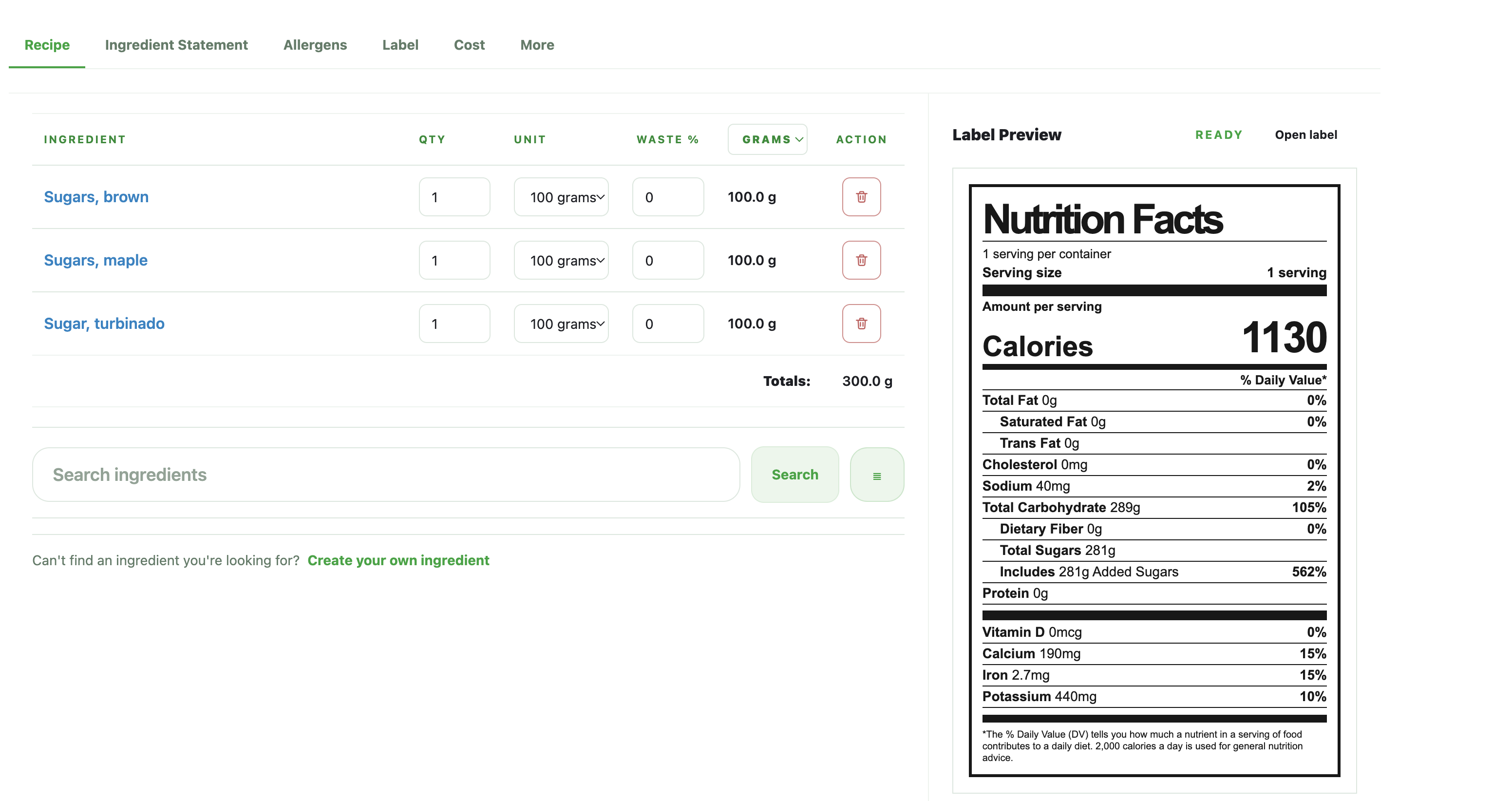 Recipe workspace showing ingredient inputs and a Nutrition Facts label preview side by side.