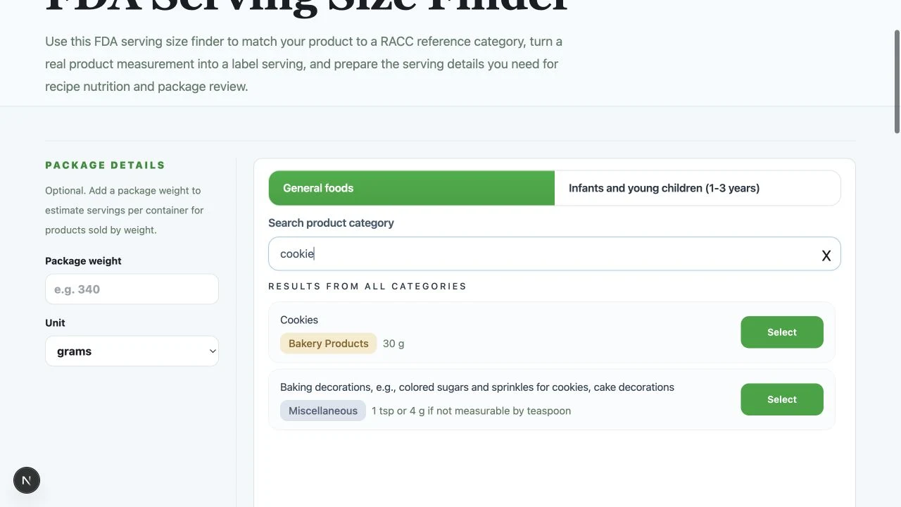 FDA Serving Size Finder showing a search for cookie and the matching Cookies category with a 30 gram FDA reference amount.