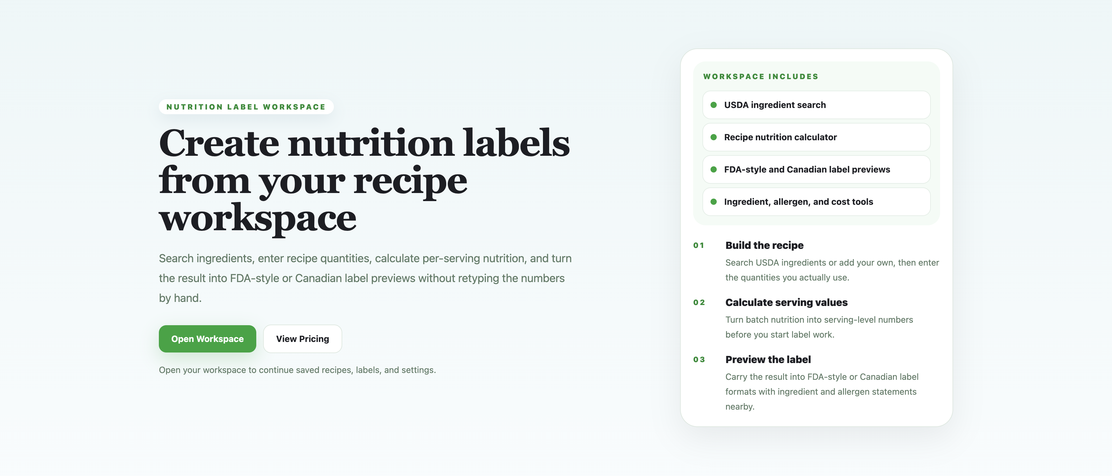Workspace hero overview describing the recipe-to-label workspace.
